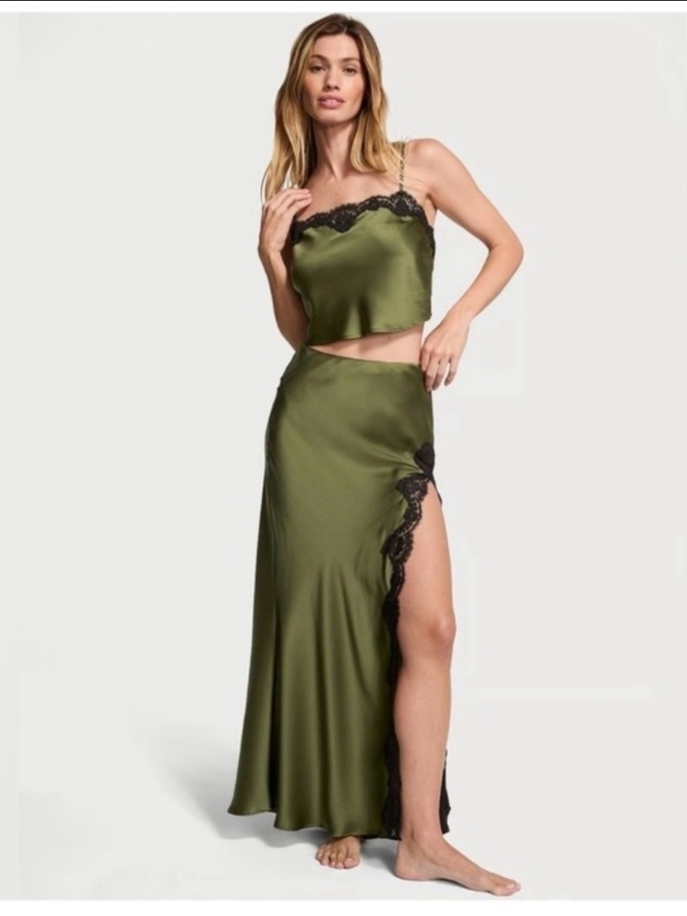 Victoria's Secret Olive Satin Lace-Trim Two-Piece Sleep Set
